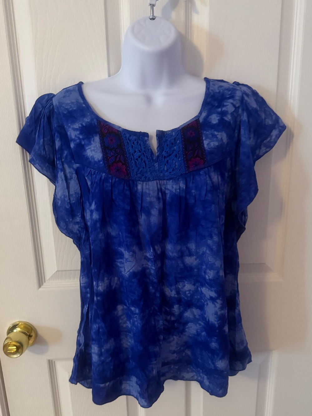 ONE WORLD Royal Blue Tie-Dye Embroidered Flutter Sleeve Blouse